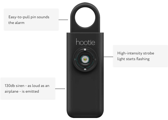 Hootie personal alarm features: pull pin to sound alarm, 130db loud siren, and high intensity strobe light